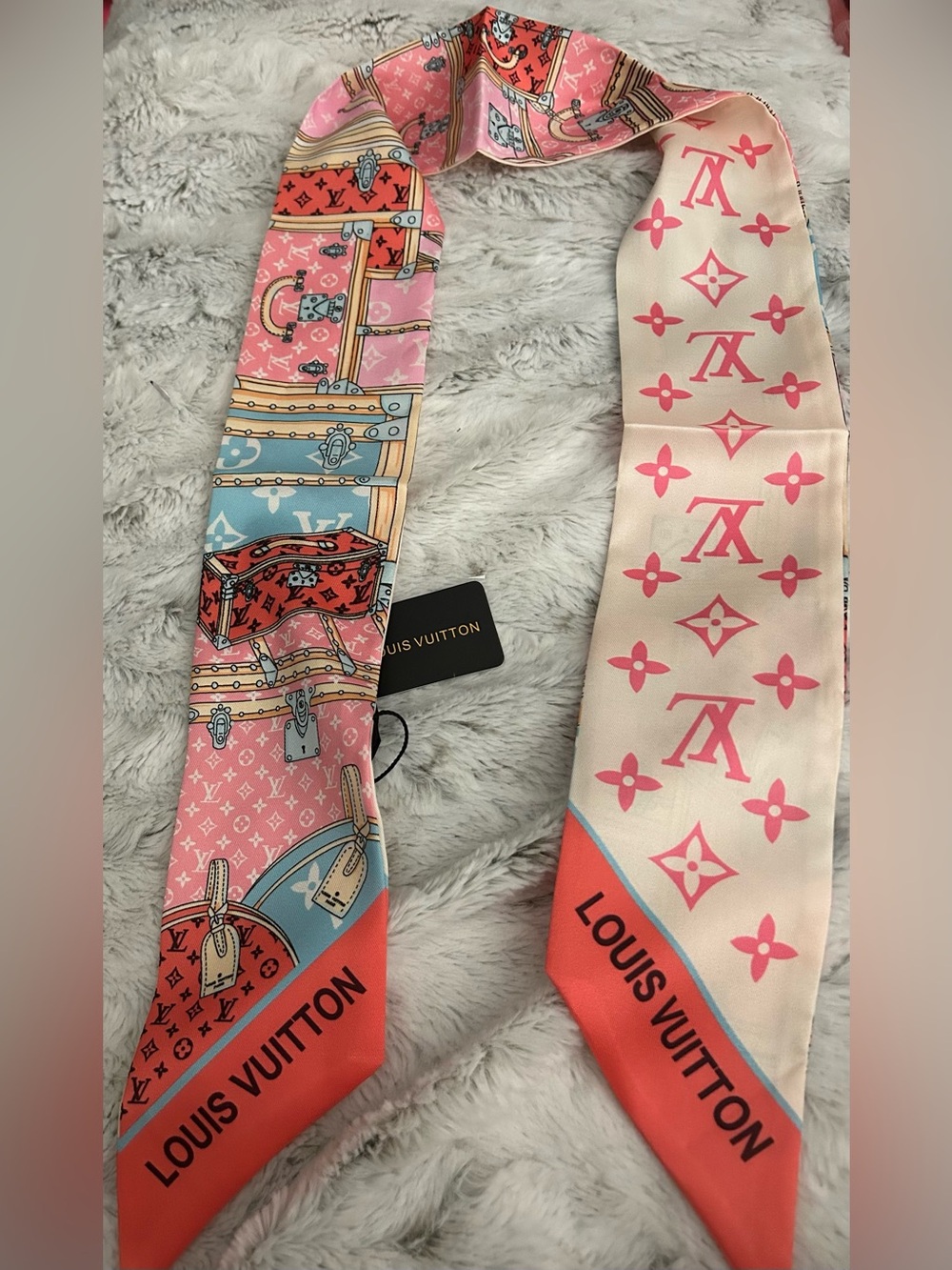 L Pink, Coral & Light Blue Printed Silk Twilly